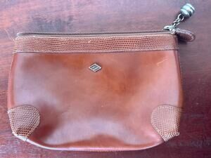 Joseph Abboud Brown Leather Zip Pouch Lizard Embossed Trim